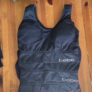 bebe Black Ribbed Scoop Tank with Logo Bands